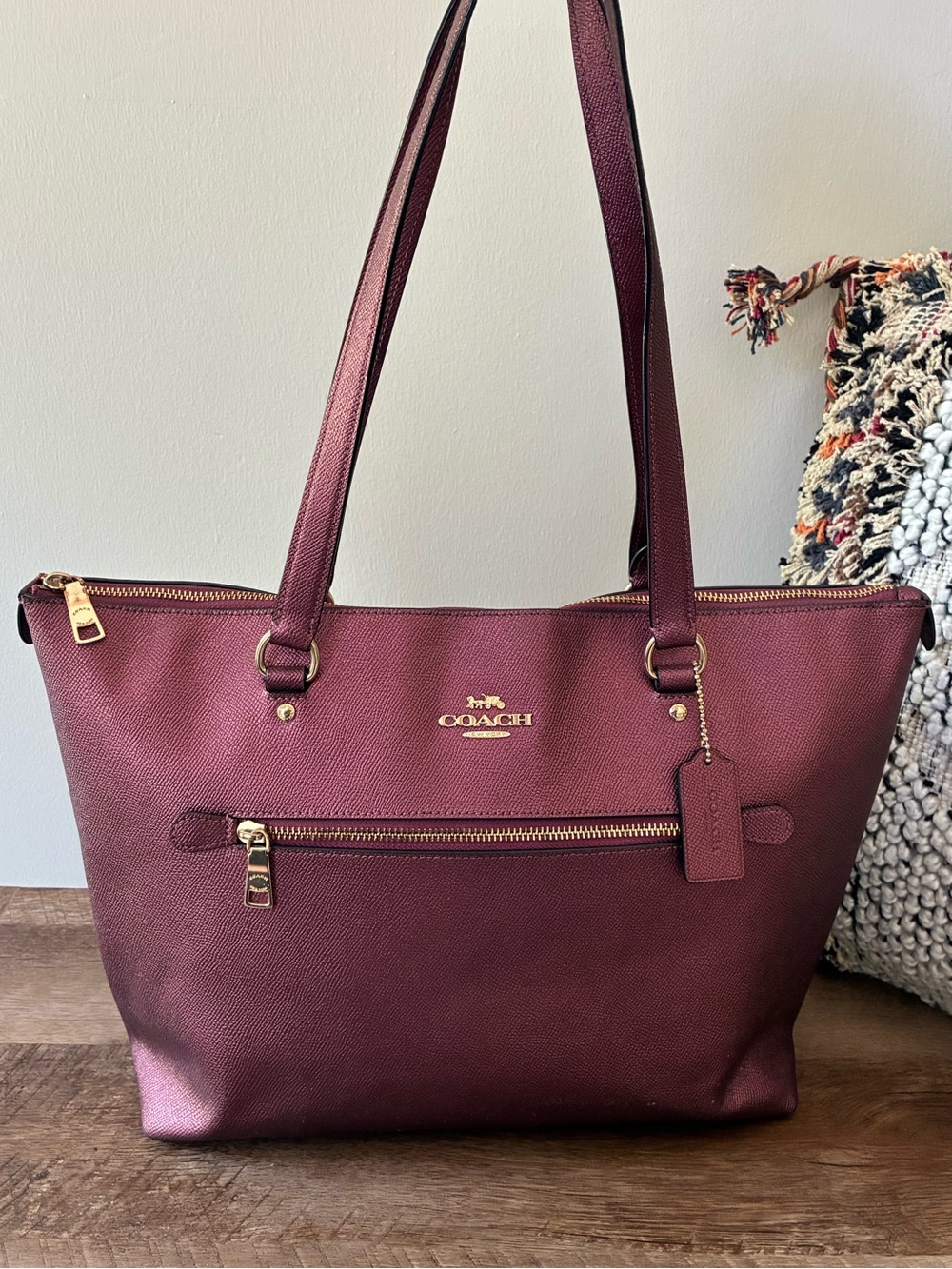 Coach Metallic Leather Gallery Tote, Burgundy, 87684